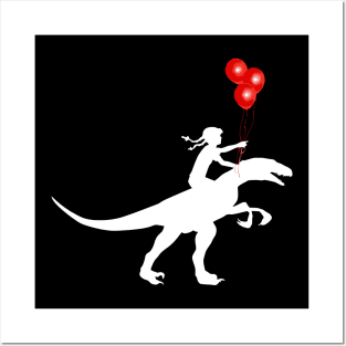 Little girl red balloon and raptor dinosaur Posters and Art